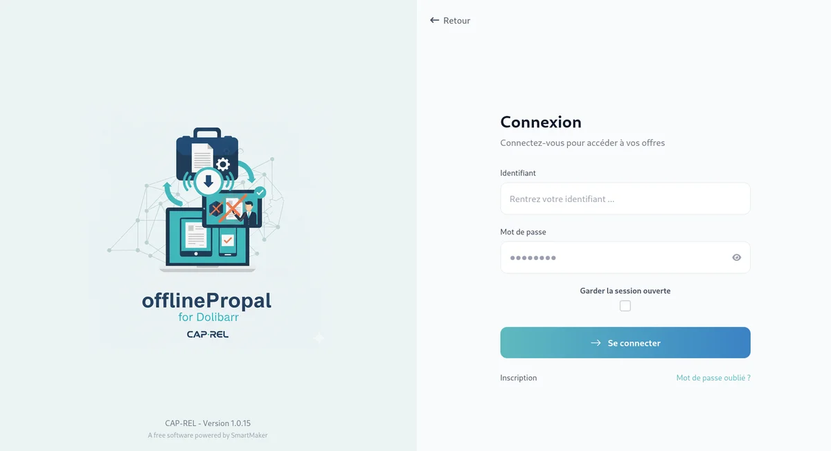 Écran de connexion de l'application mobile avec les champs identifiant et mot de passe