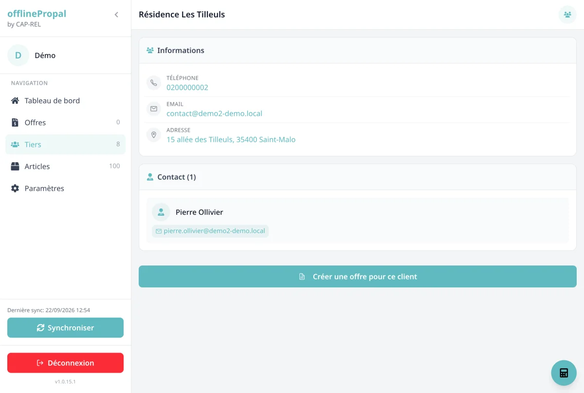 Customer sheet with the contact details, the contacts and the offer creation button