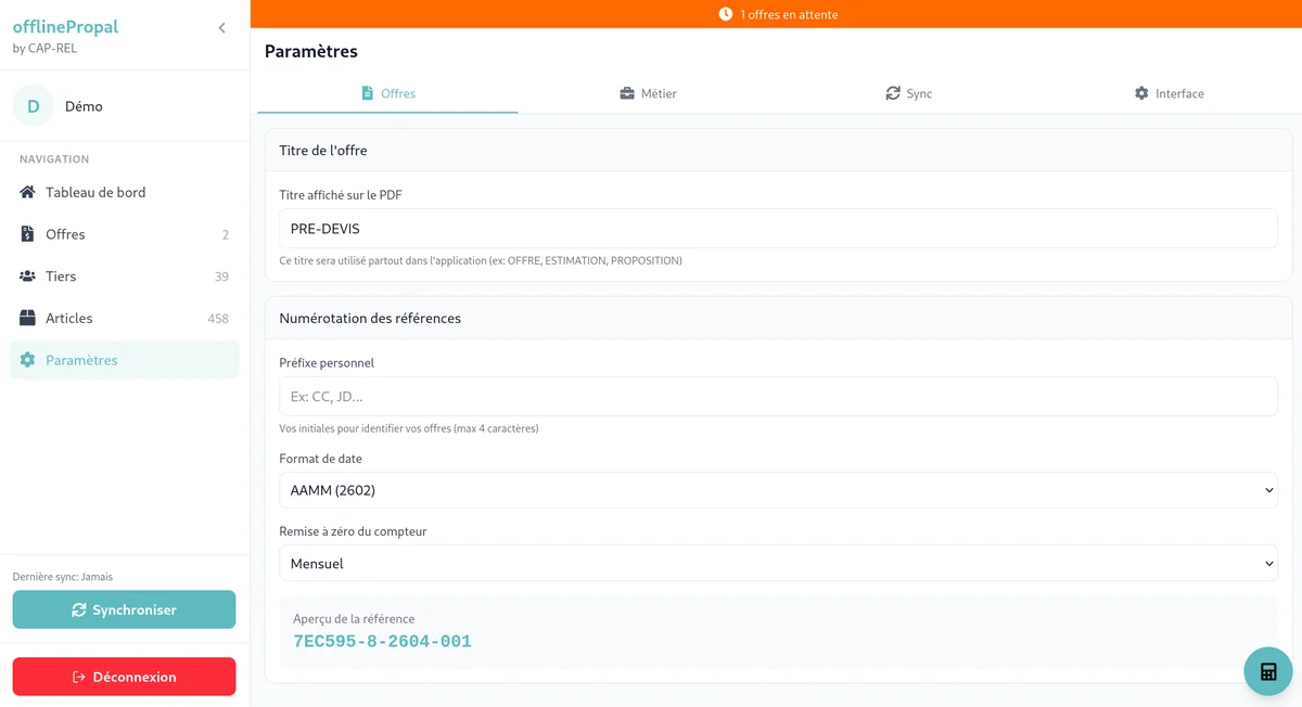 Page des paramètres de l'application avec les onglets Documents et Interface