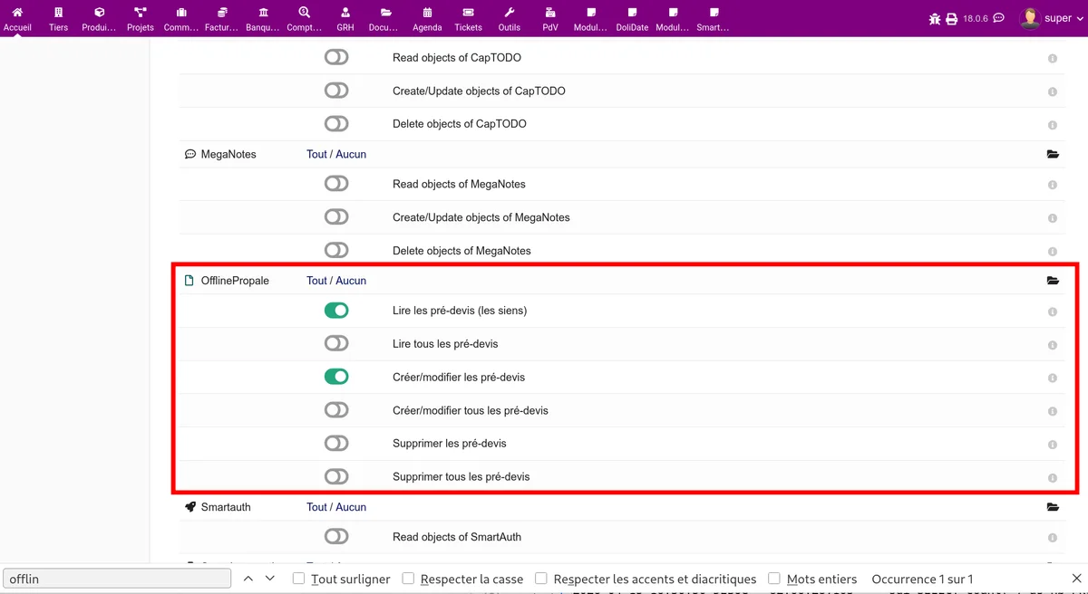 Permissions OfflinePropale dans la fiche utilisateur Dolibarr