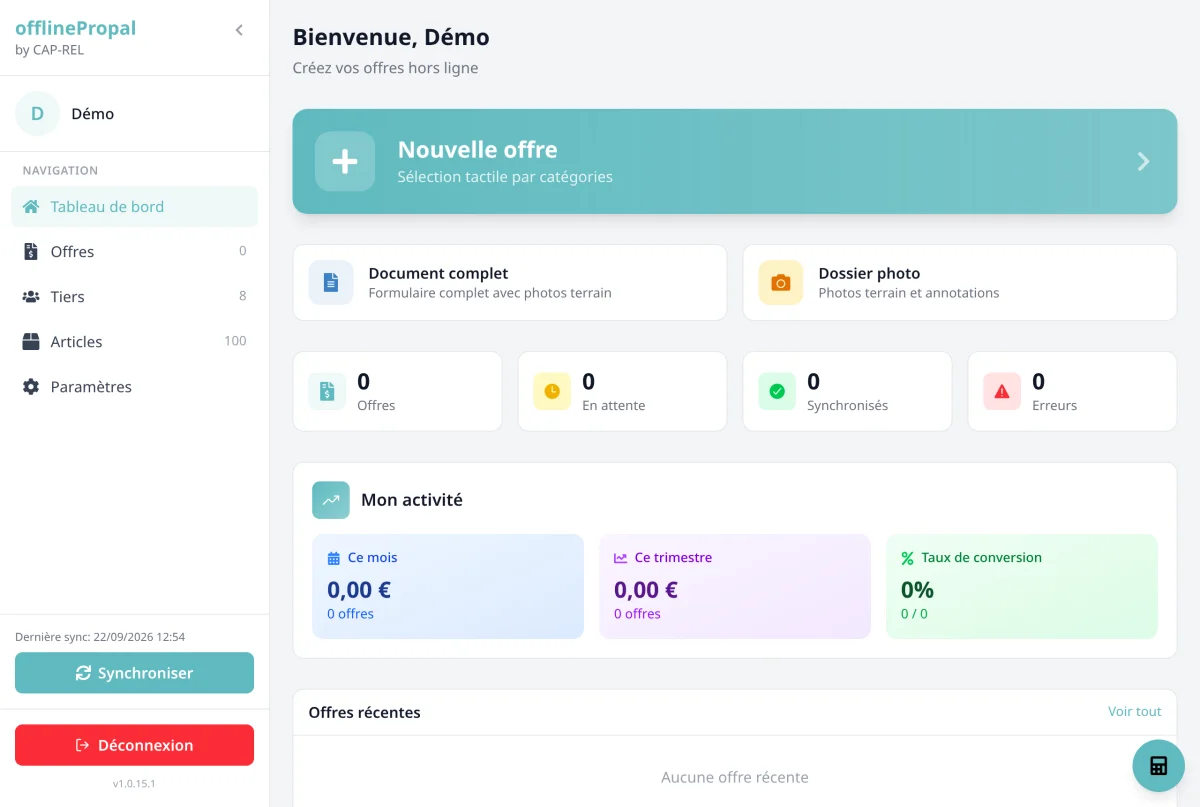 Barre latérale dépliée avec la navigation et les statistiques