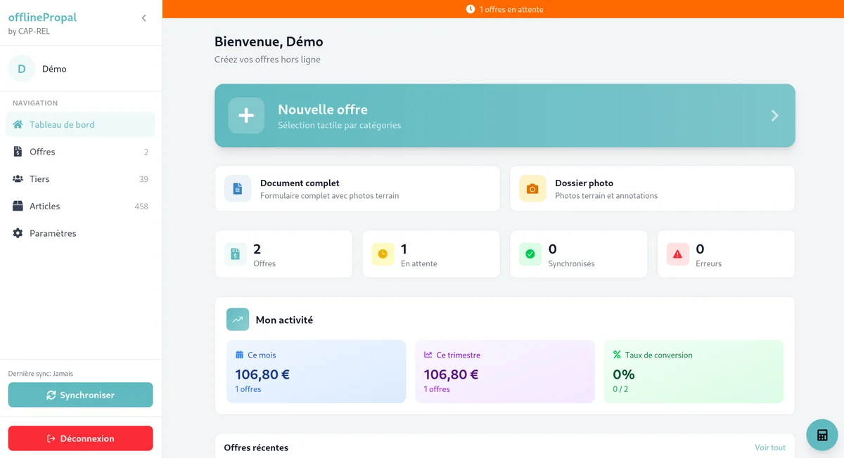Page d'accueil de l'application mobile OfflinePropale avec les statistiques et boutons de création