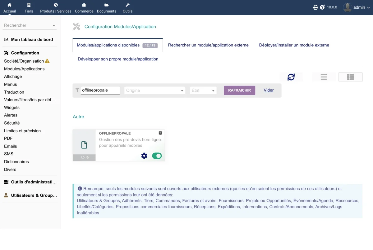 Enabling the OfflinePropale module in the Dolibarr module list