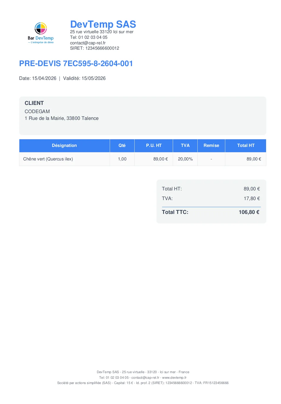 Preview of a generated PDF with the company header, the line table and the totals