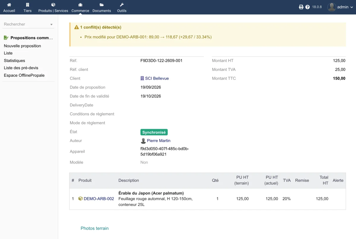 Alert block for conflicts detected on a synced offer