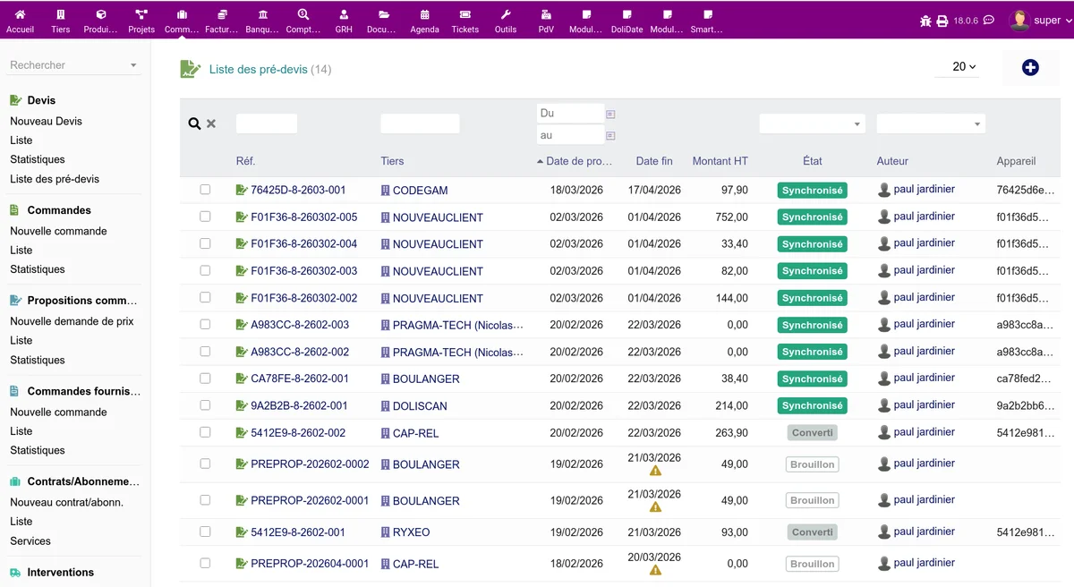 Pre-proposal list in the Dolibarr back office with the filters and columns
