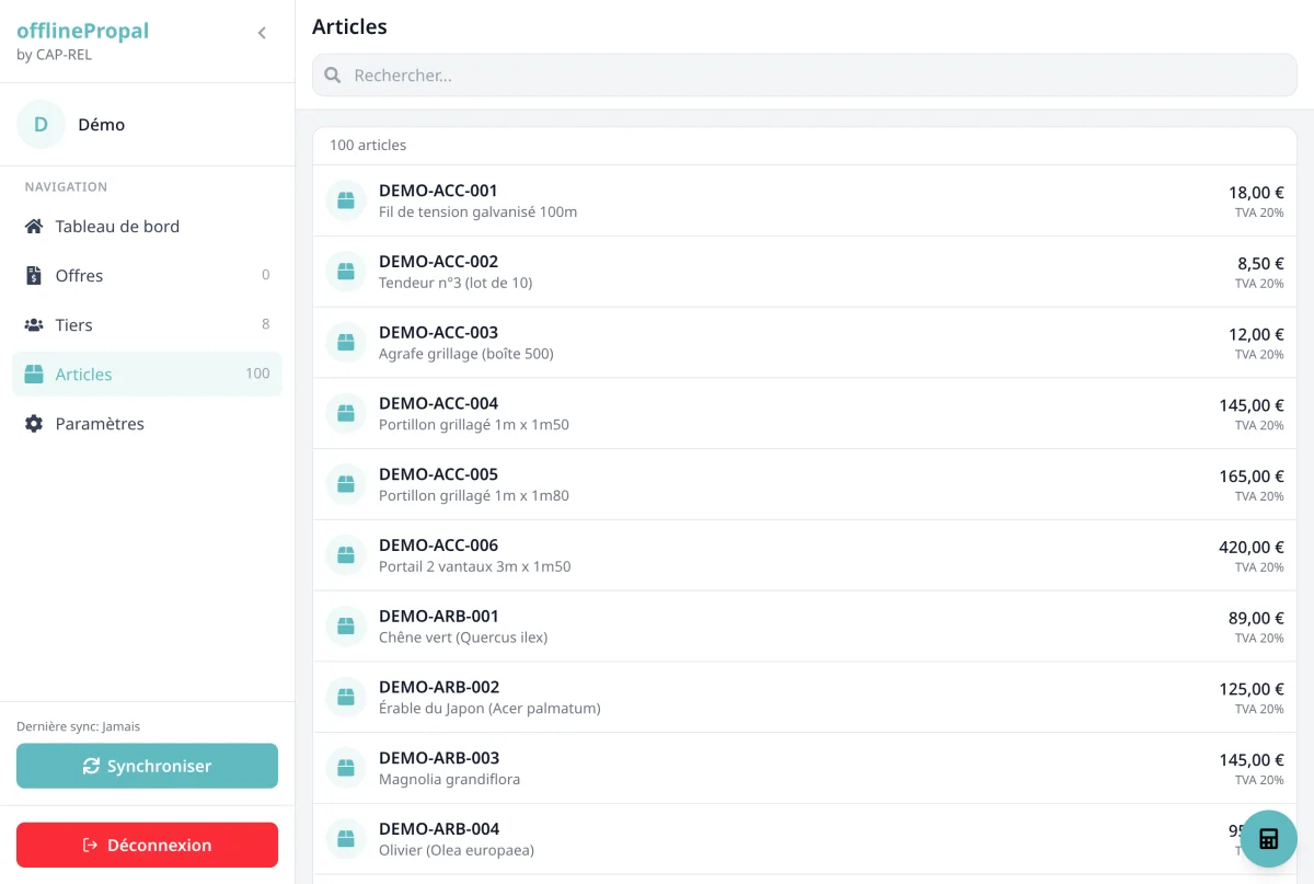 Liste des articles dans l'application mobile avec le champ de recherche