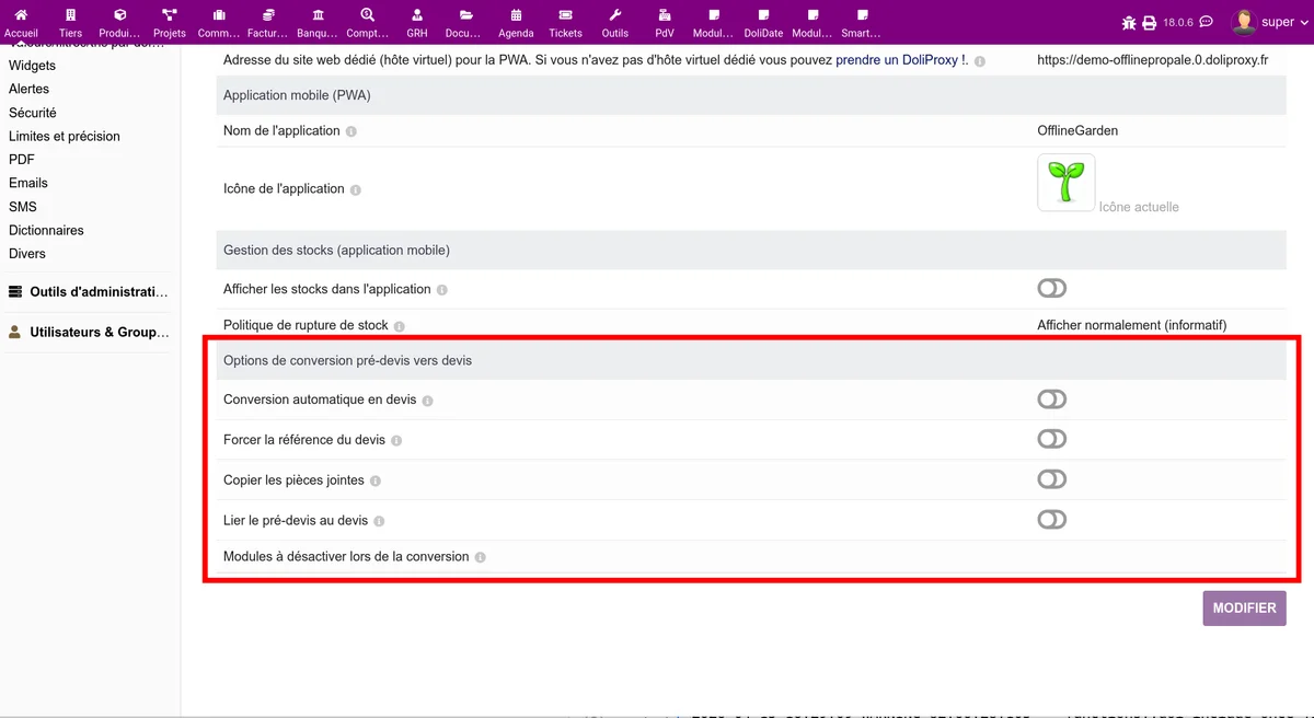 Setup page for the conversion to proposal settings
