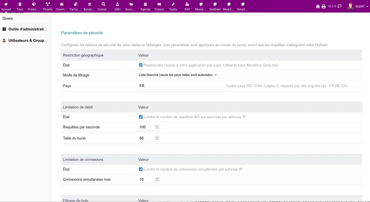 DoliProxy setup page with the security settings