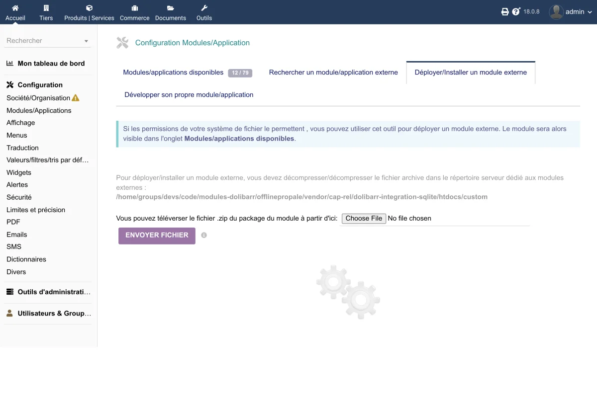 External module deployment page in Dolibarr