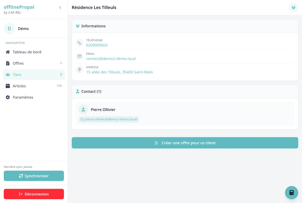 Fiche client avec les coordonnées, les contacts et le bouton de création d'offre