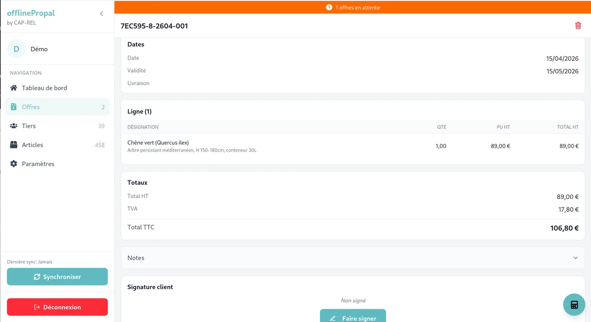 Offer detail sheet with the product lines and the totals