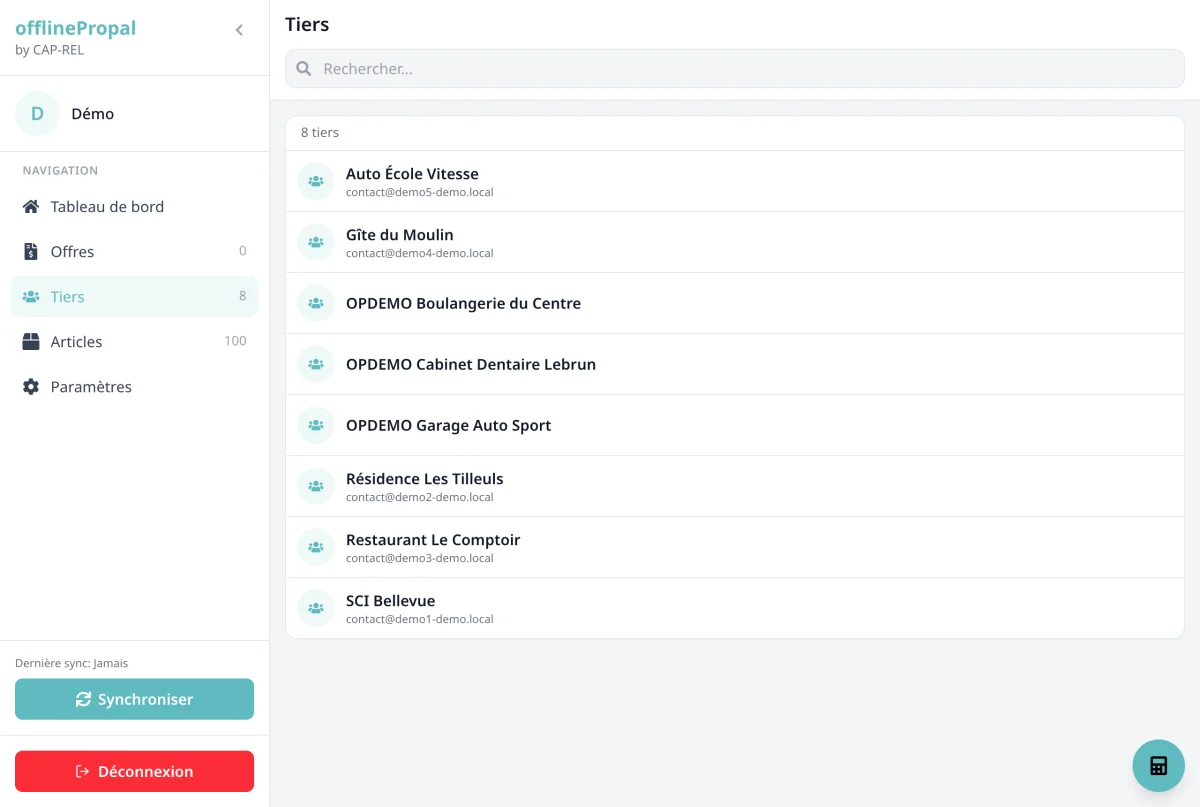 Liste des tiers dans l'application mobile avec le champ de recherche