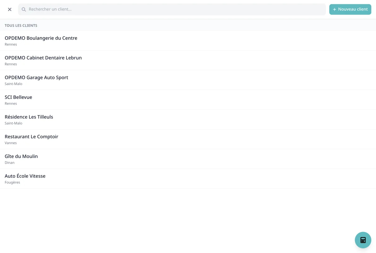 Customer selector with the search field and the list of results
