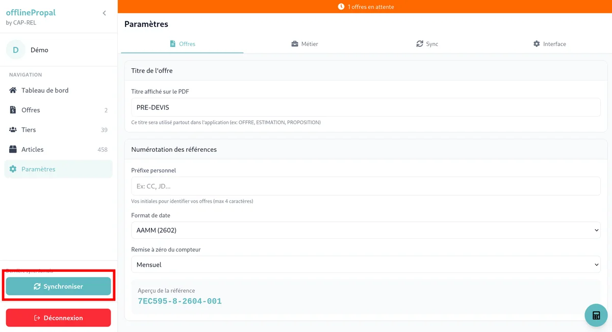 Sync button in the sidebar with the progress indicator