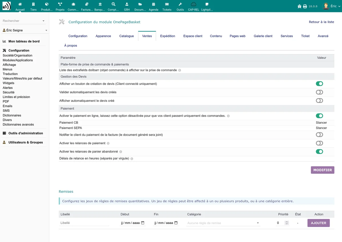Onglets de configuration du module OnePageBasket dans Dolibarr