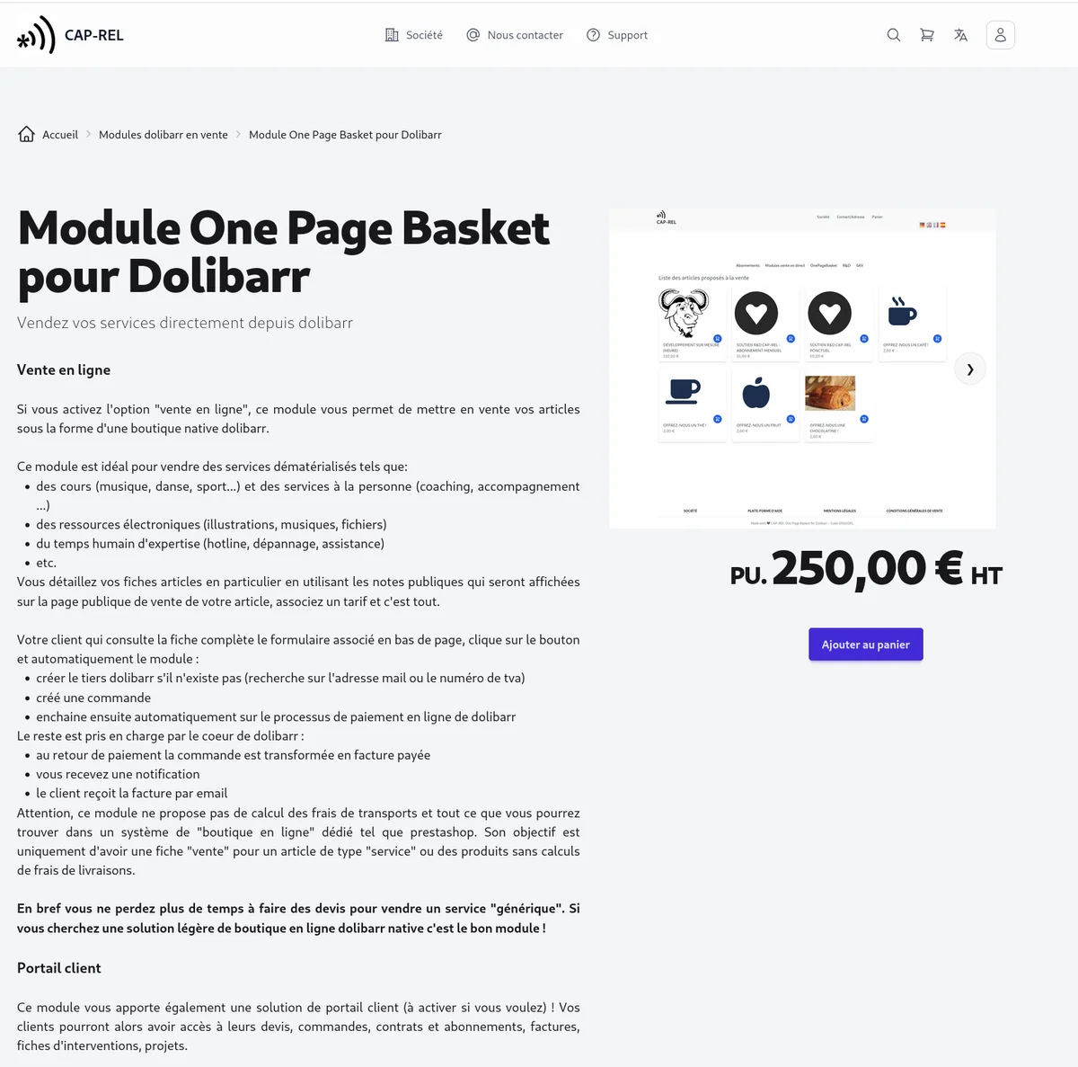 Fiche produit sur la boutique avec le prix, la description et la galerie d'images
