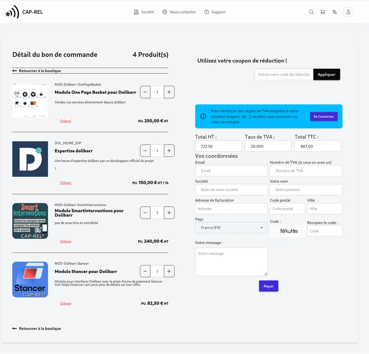 Panier d'achat avec les articles, les quantités et le récapitulatif du total