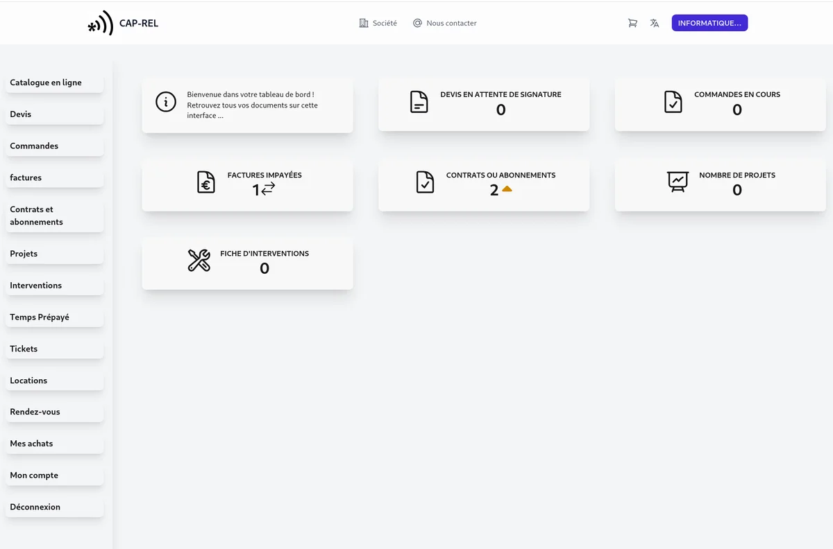 Page d'accueil du portail client avec le menu de navigation et les documents disponibles