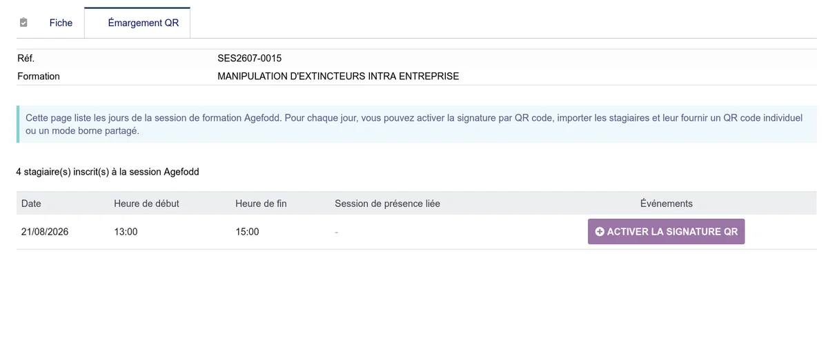 Liste des journées Agefodd avec les boutons d'activation de la signature QR
