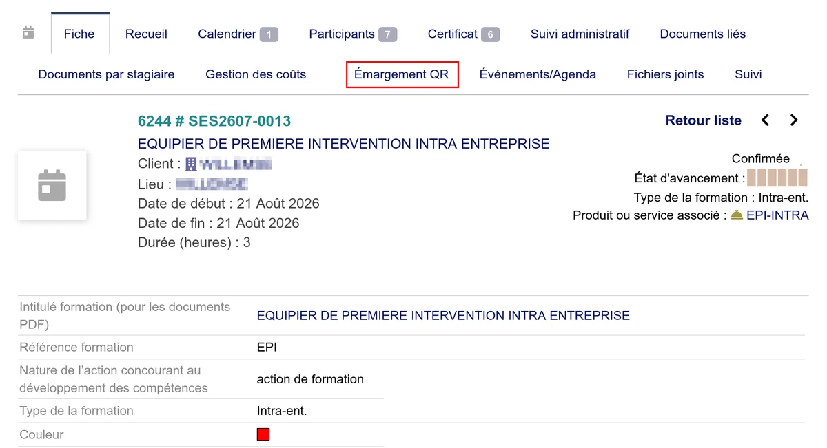 Onglet Émargement QR sur la fiche d'une session Agefodd