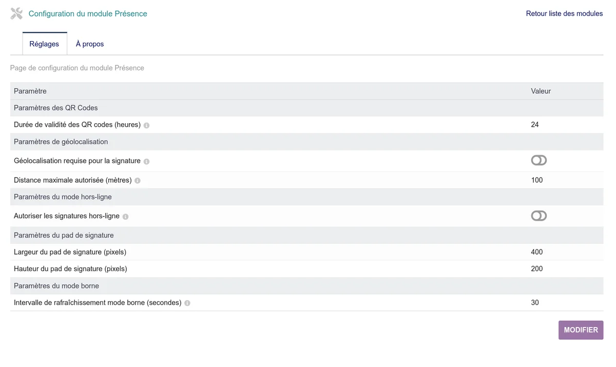 Page de configuration du module Présence avec les sections de paramètres