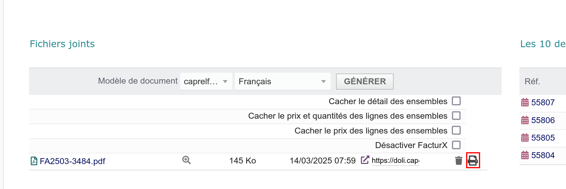 Ajout d'une icône d'impression rapide sur la fiche document