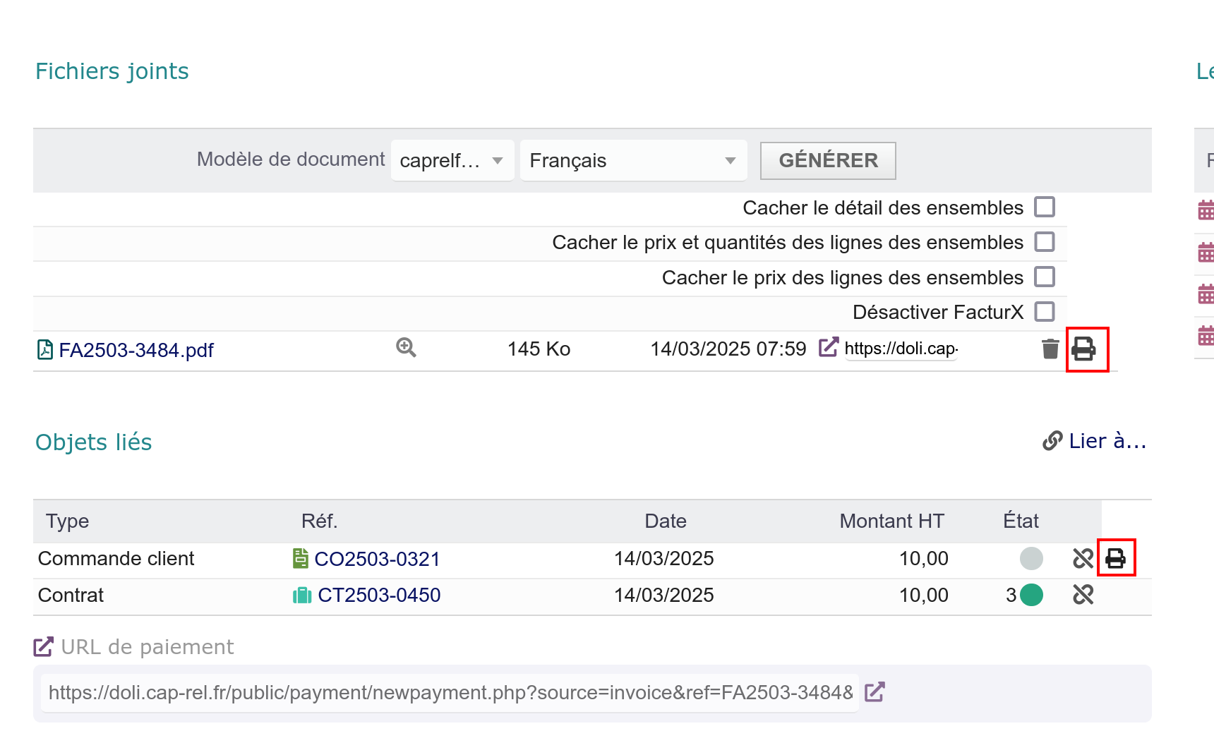 Impression rapide disponible sur tous les documents liés