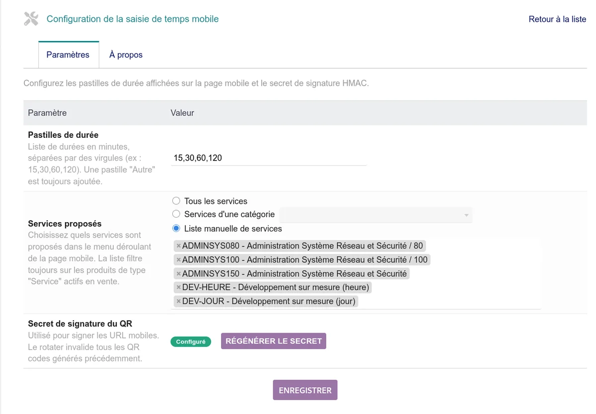 Page de configuration du module avec les pastilles de durée et le filtre des services
