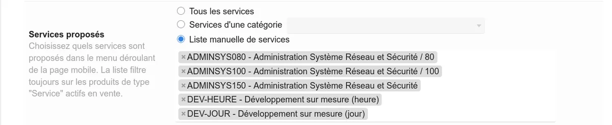 Sélecteur de services avec les trois modes de filtrage