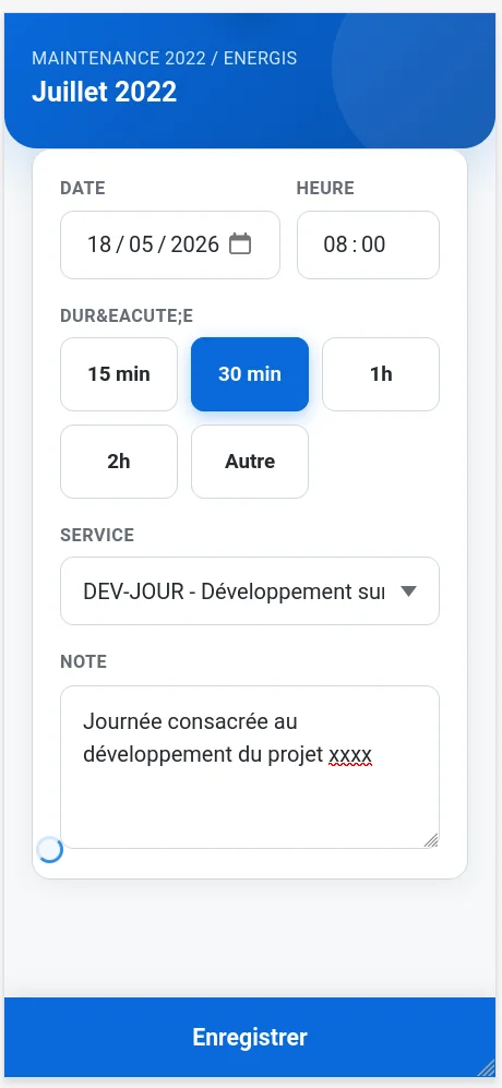 Page mobile remplie juste avant la sauvegarde