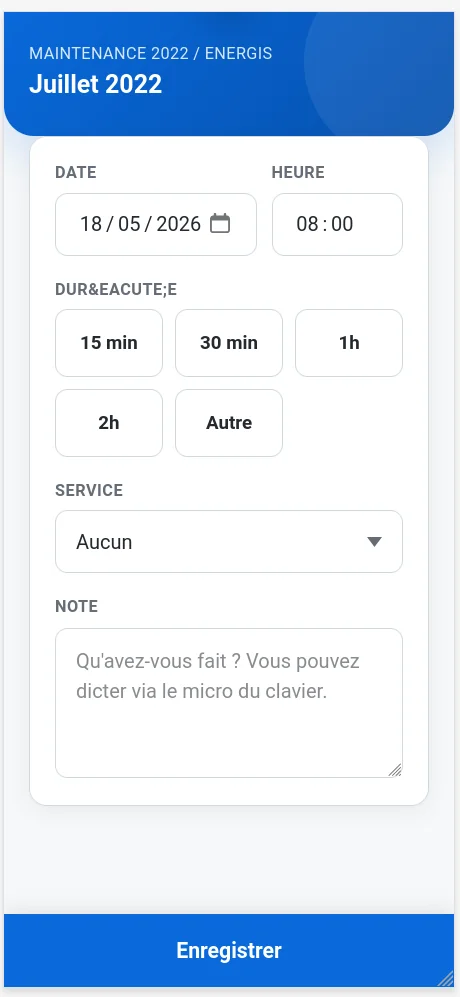 Page mobile prête pour la saisie d'une entrée de temps