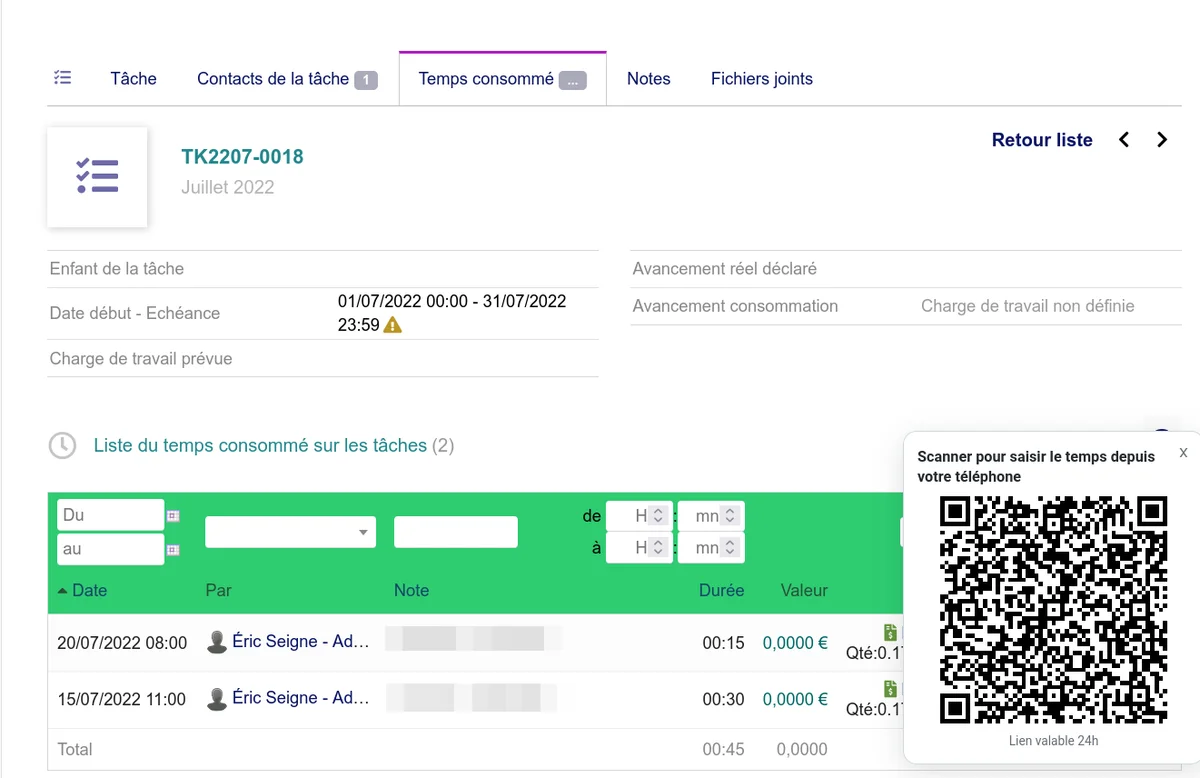 Panneau QR code affiché sur la page de saisie des temps d'une tâche