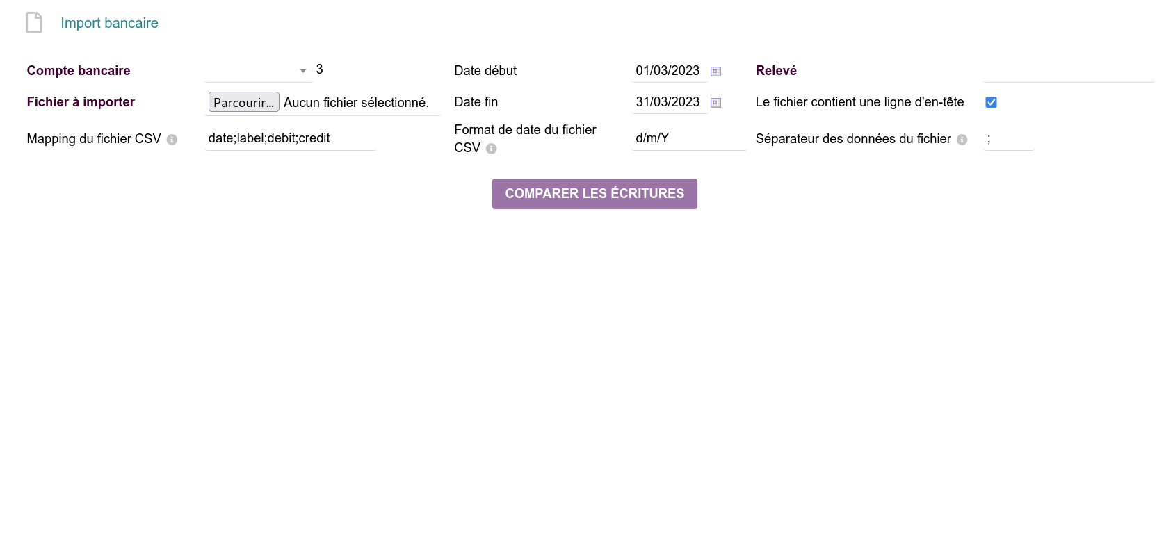 Écran d'import bancaire standard du module ATM-Consulting, avec uniquement l'option d'import CSV