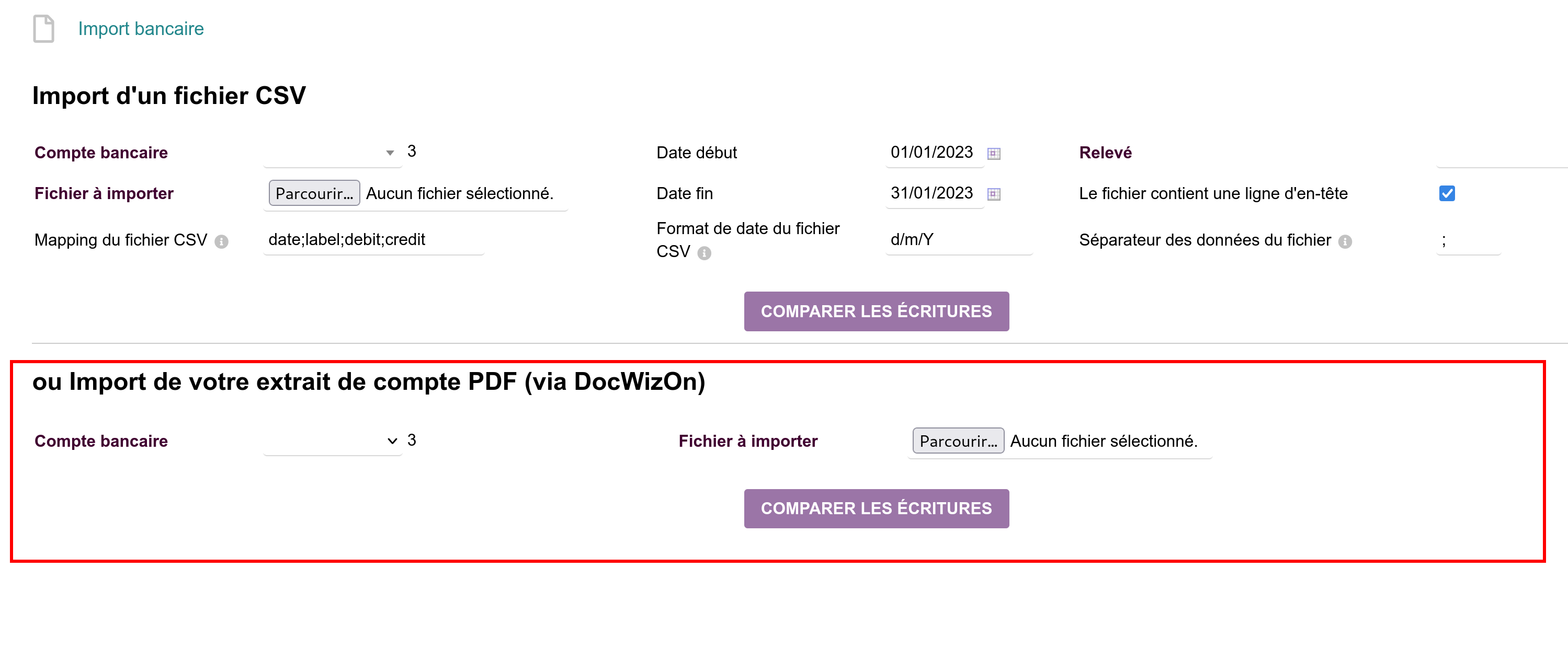 Écran d'import bancaire avec l'option supplémentaire d'import PDF lorsque ScanBank est activé