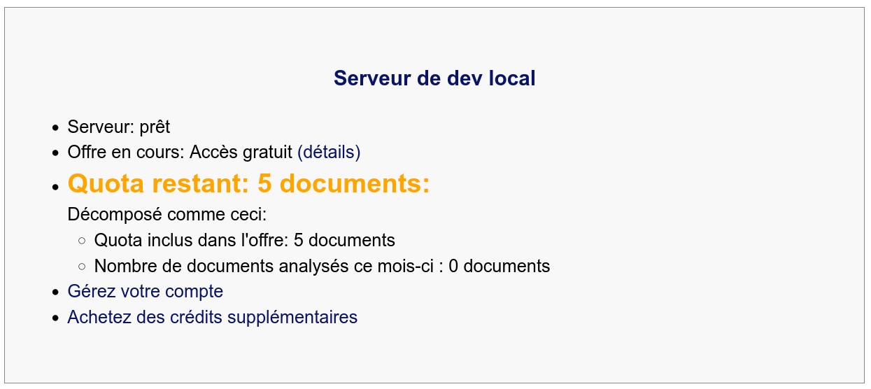 Boîte d'information affichant l'état du serveur DocWizOn et les détails du compte