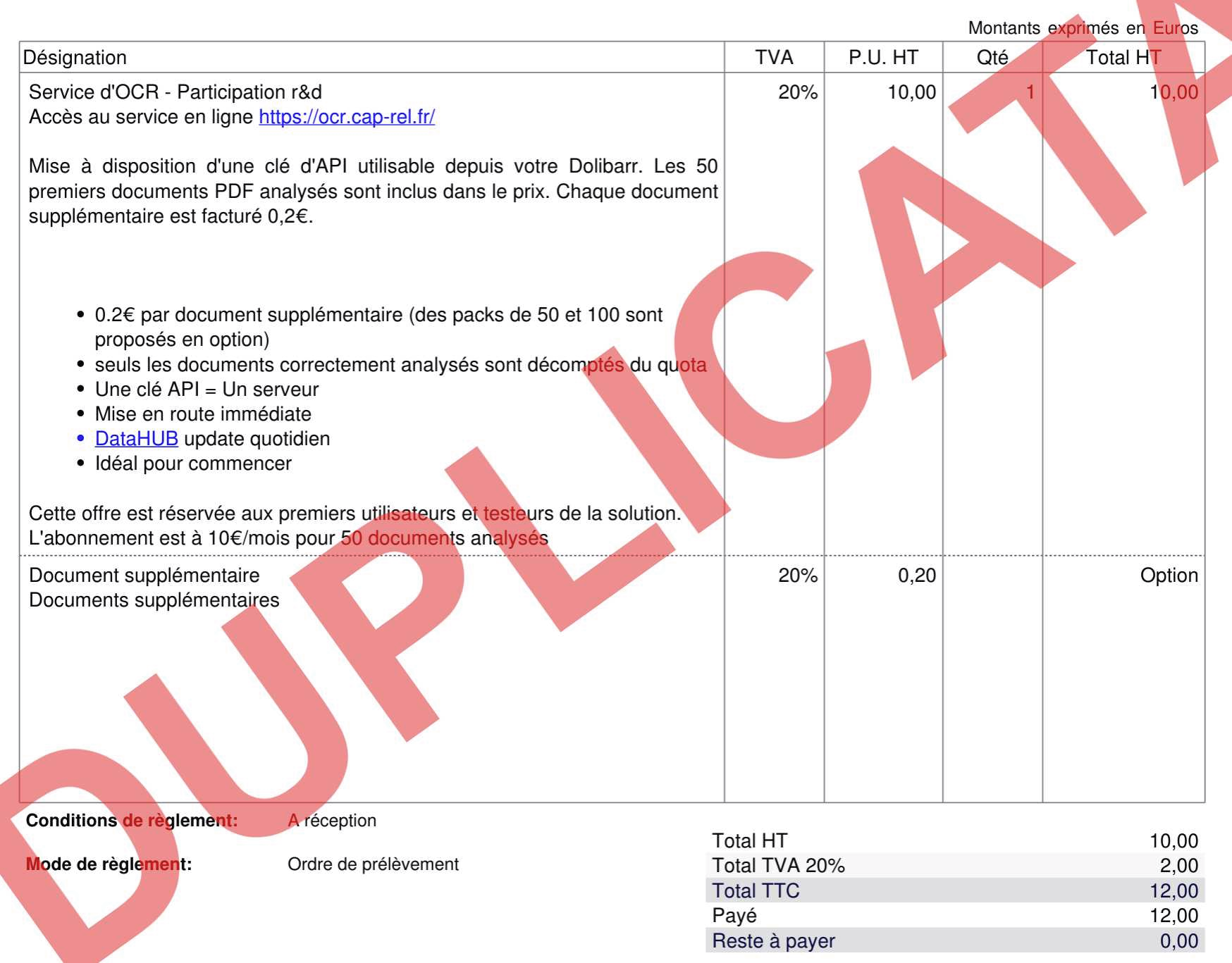 Information ajoutée sur la facture