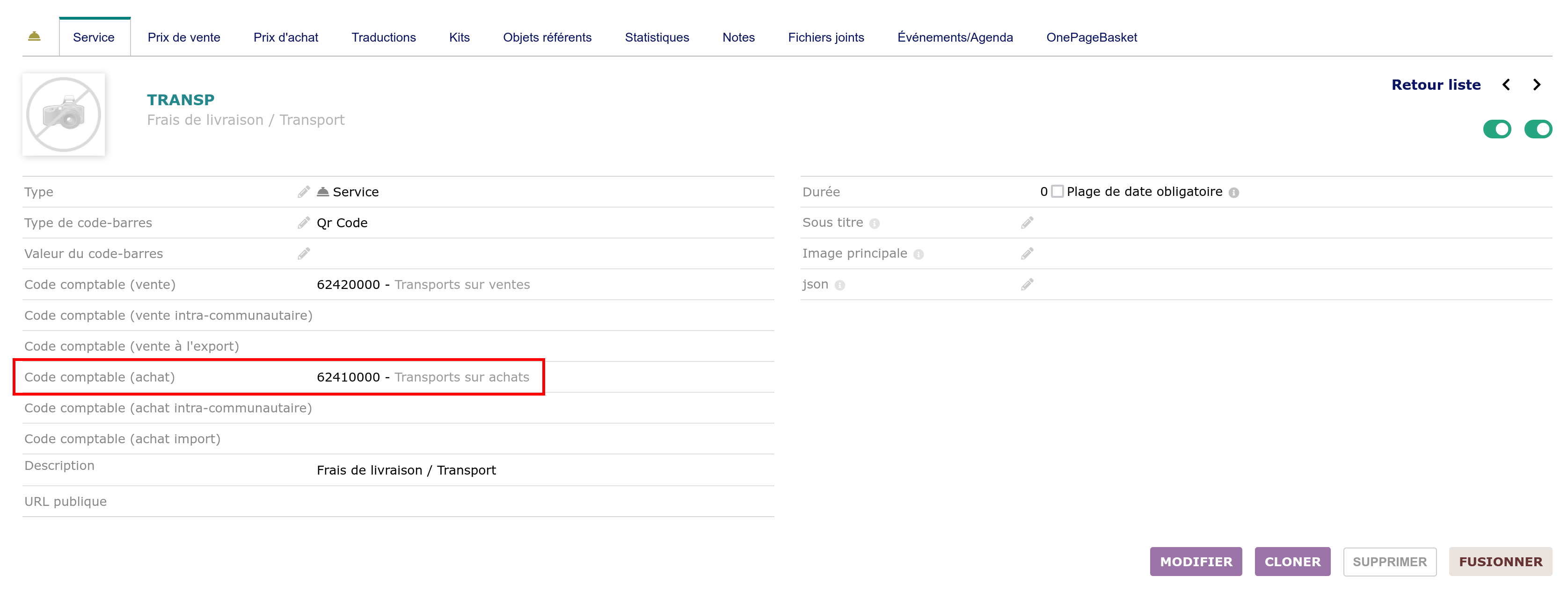 Code comptable du produit