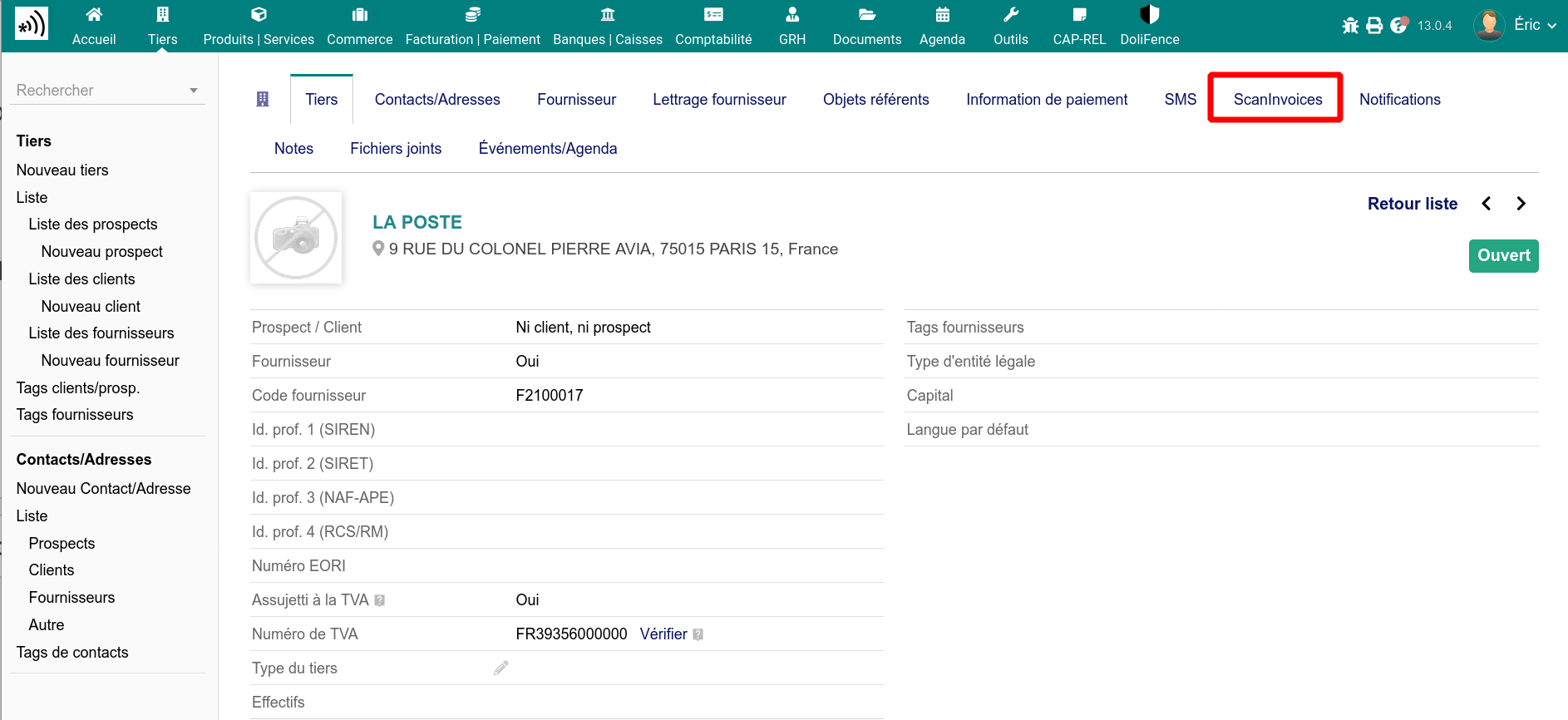 Onglet ScanInvoices de la fiche fournisseur