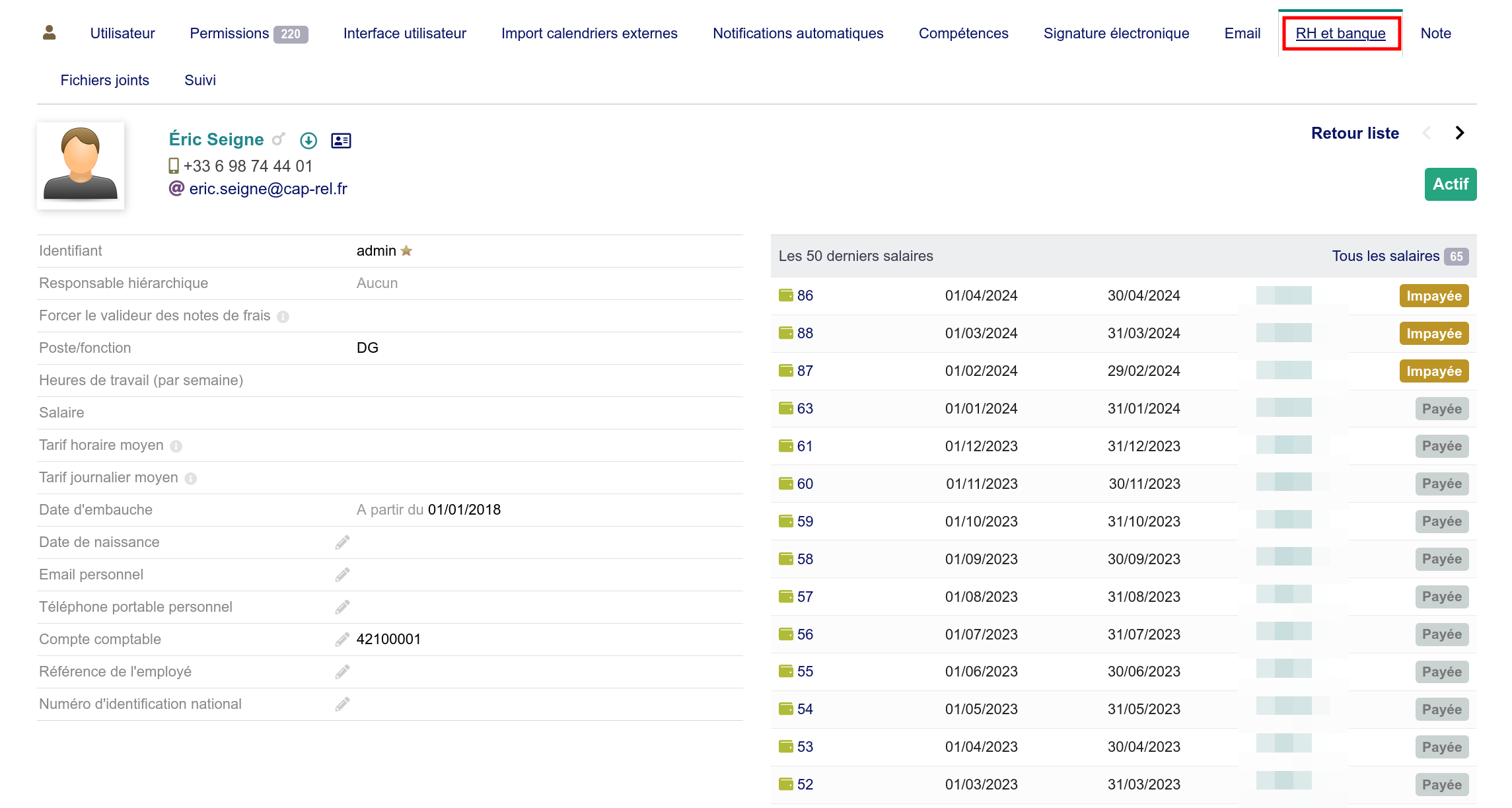 Espace RH du salarié affichant ses bulletins de paye après authentification