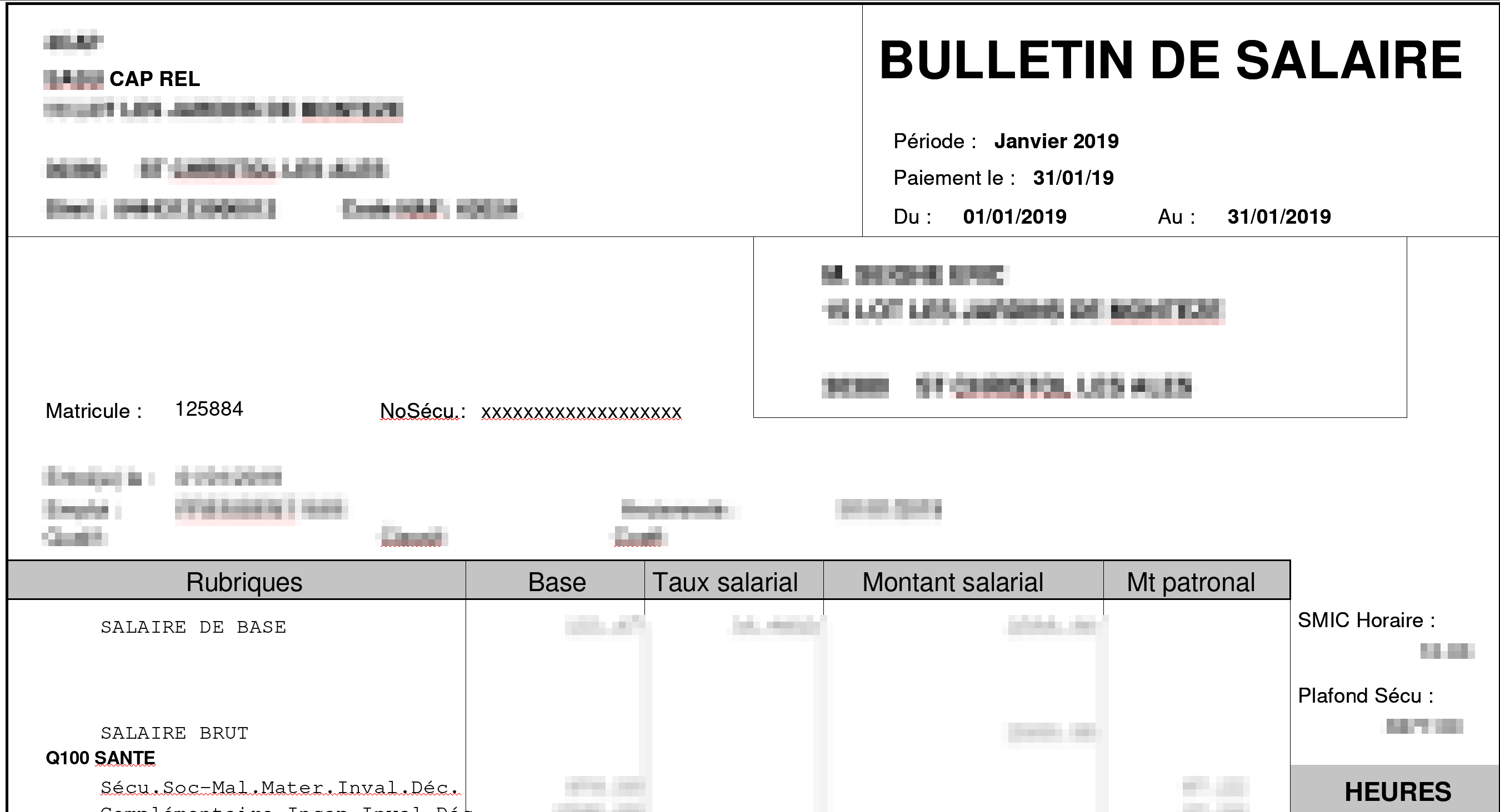 Exemple de numéro d'identifiant tel qu'il apparaît sur un bulletin de paye PDF