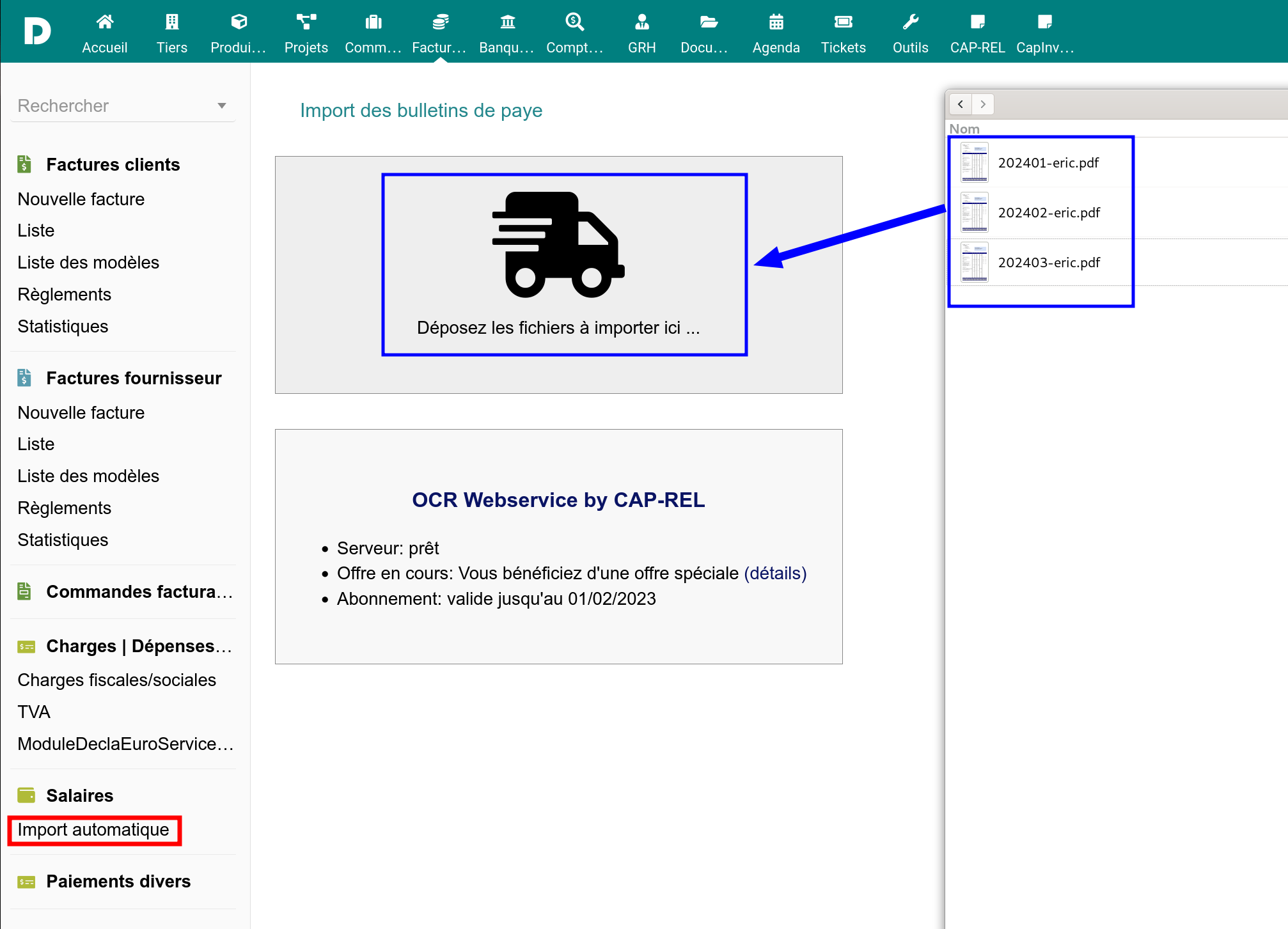 Zone de glisser-déposer pour l'import des fichiers PDF de bulletins de paye