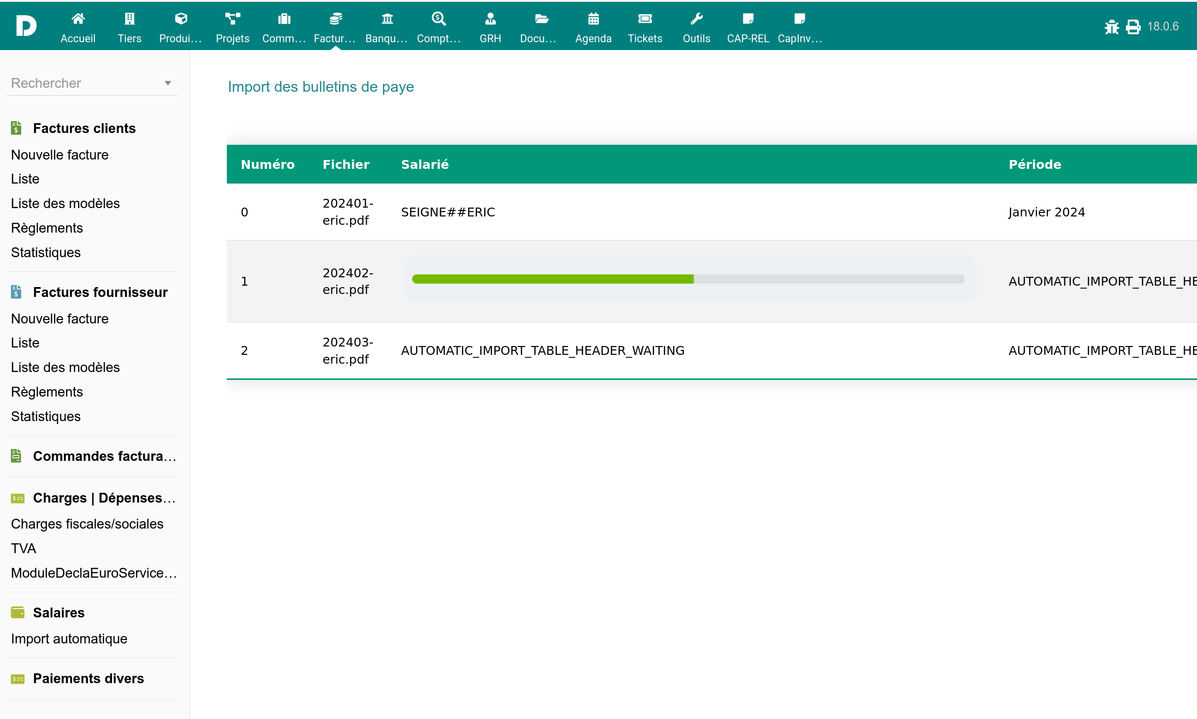 Écran de traitement en cours lors de l'analyse des bulletins PDF par le serveur