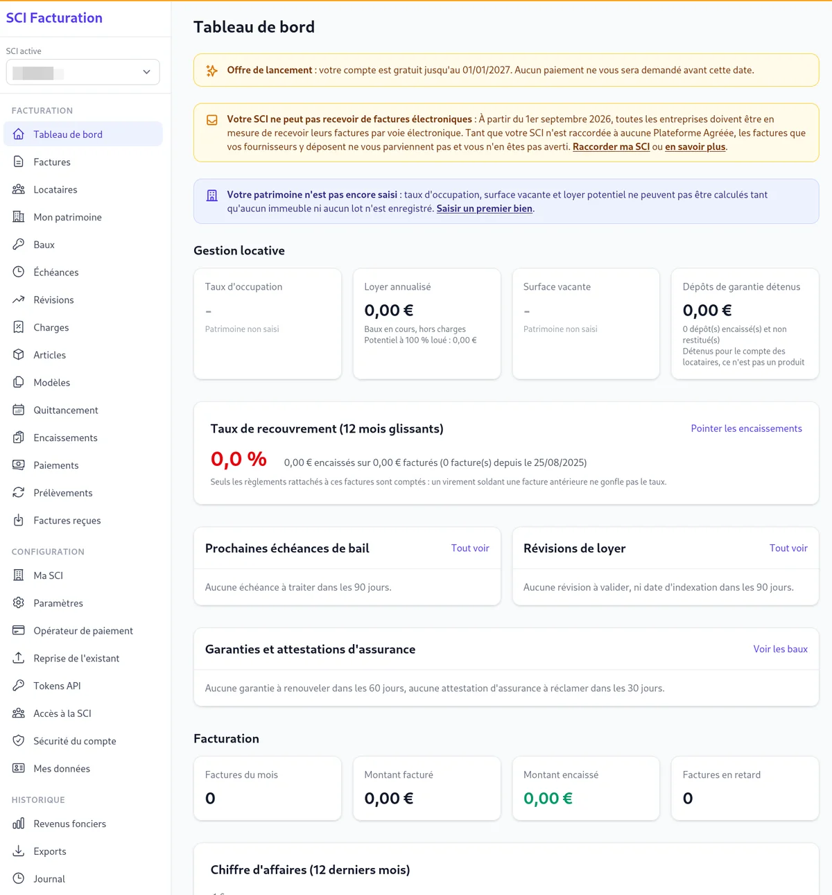 Tableau de bord SCI-Facturation avec les indicateurs de gestion et de facturation