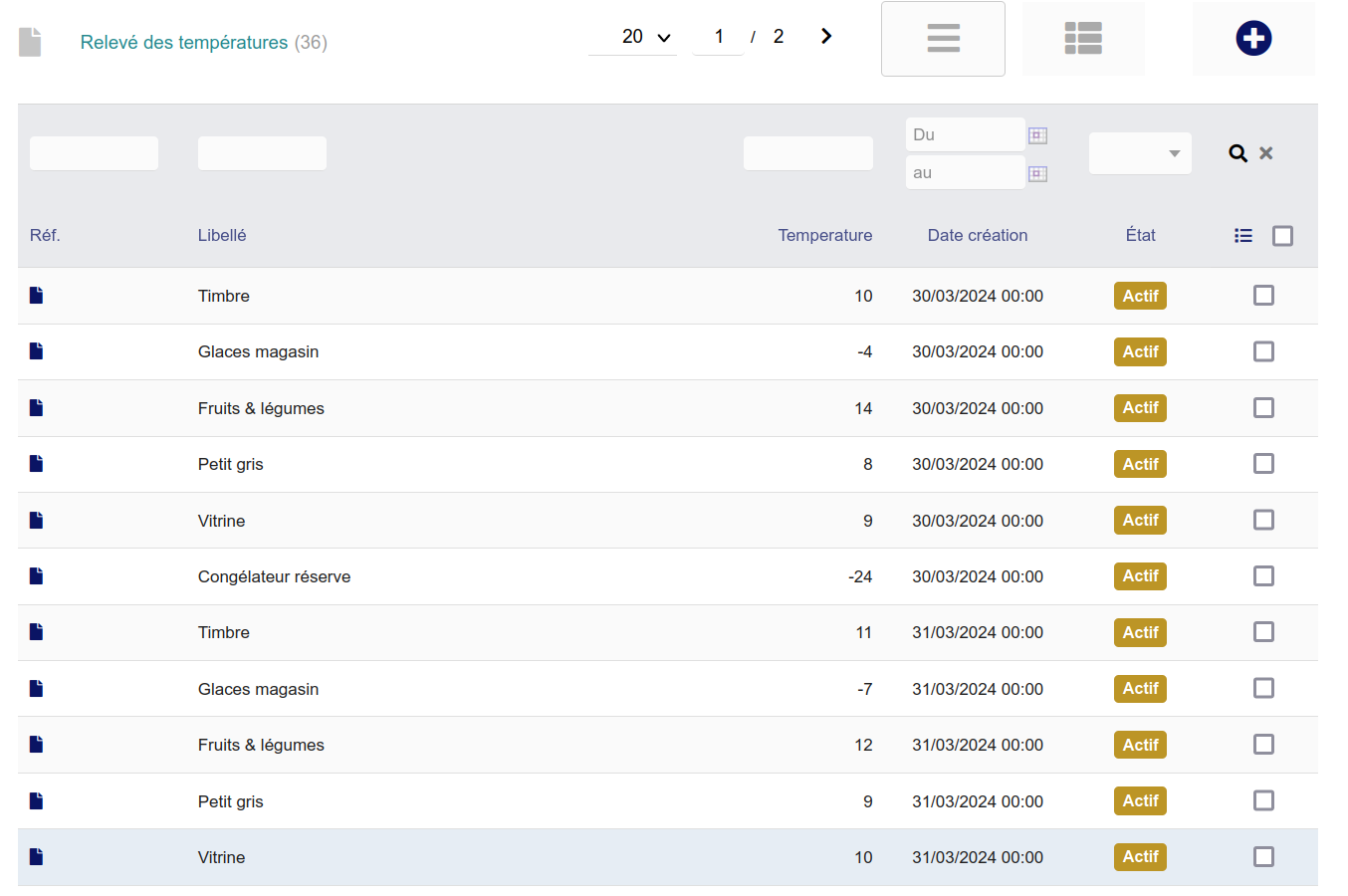 Historique complet des données de température stockées sur le serveur