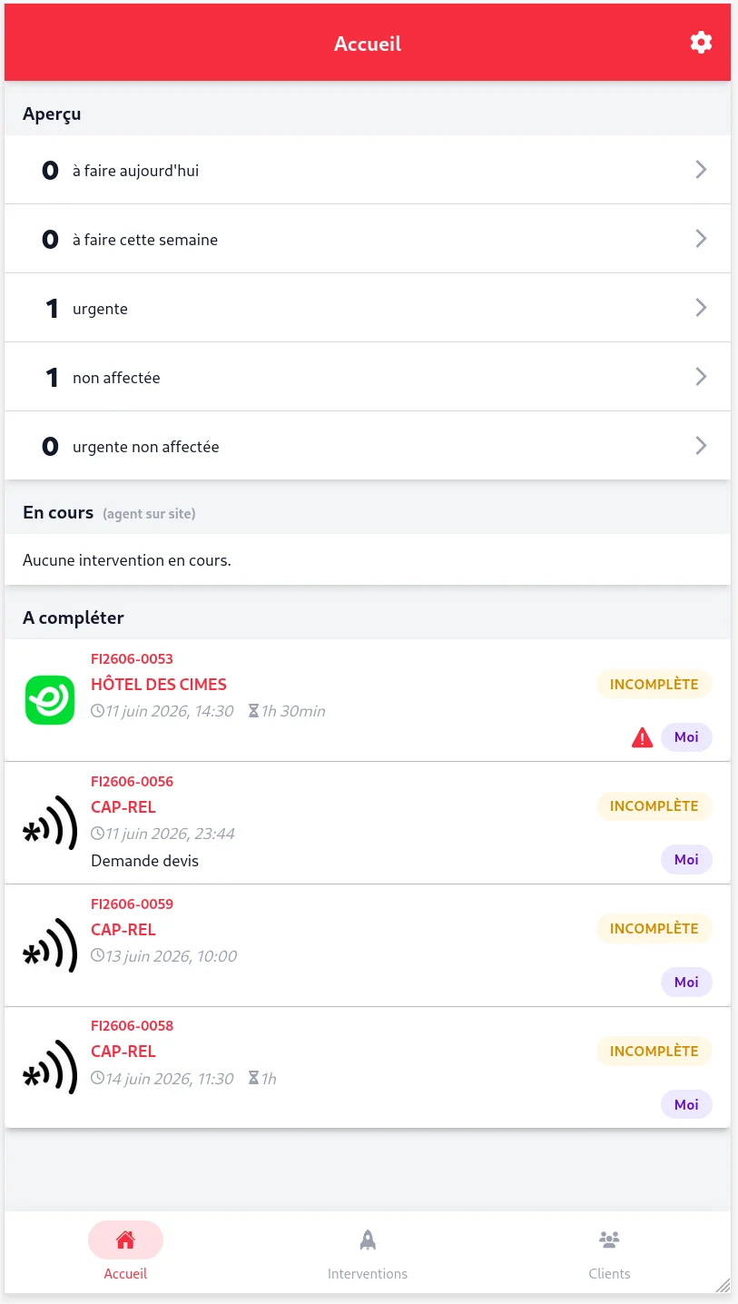 Page d'accueil de l'application smartphone SmartInterventions avec la liste des interventions du jour