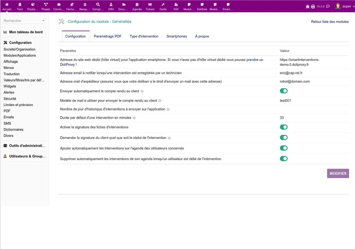 Onglets de configuration du module SmartInterventions dans Dolibarr