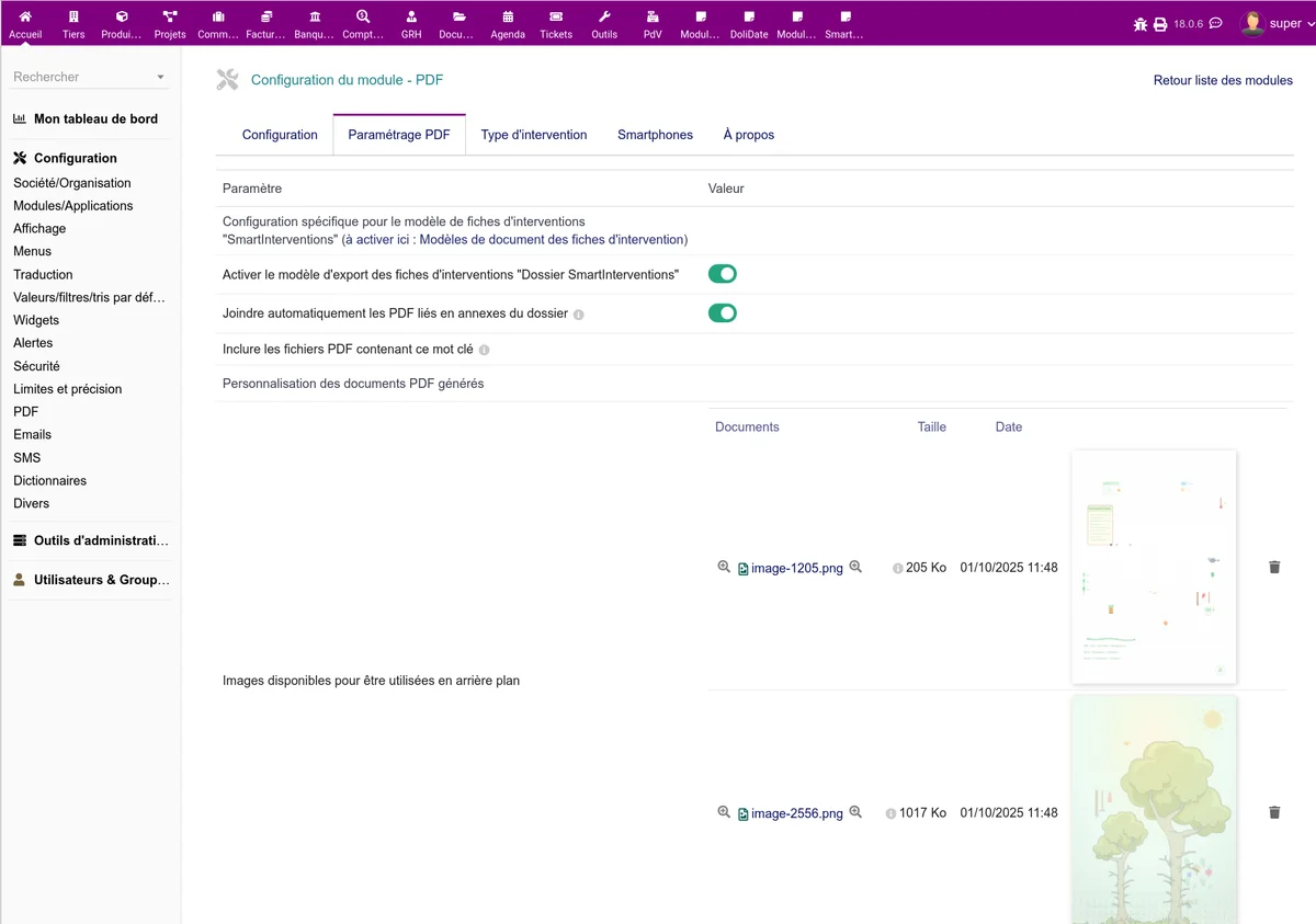 Configuration des arrière-plans PDF avec la sélection des images téléversées