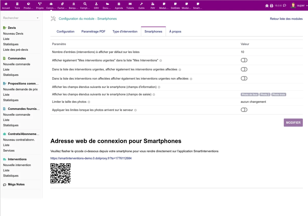 QR Code de connexion affiché dans l'onglet Smartphones de la configuration