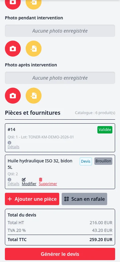 Bloc Total du devis sur smartphone : les lignes marquées "Devis", le total HT, le détail de TVA, le total TTC mis à jour en direct et le bouton "Générer le devis"